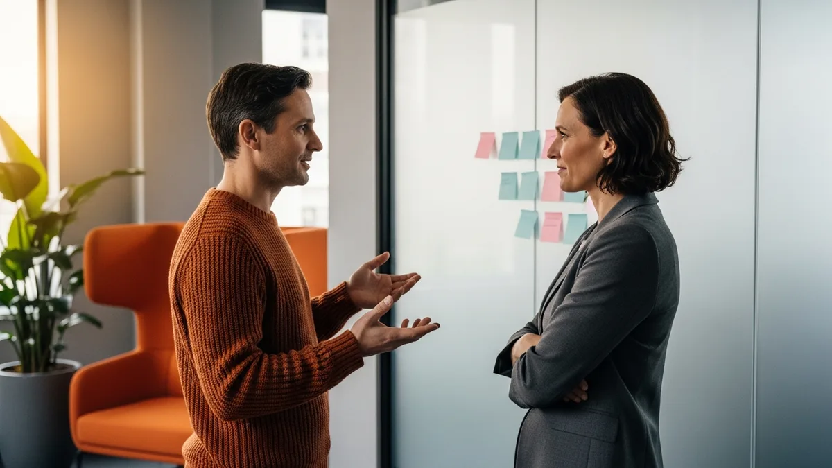 Consultant and business sponsor discussing NetSuite implementation requirements beside a glass partition