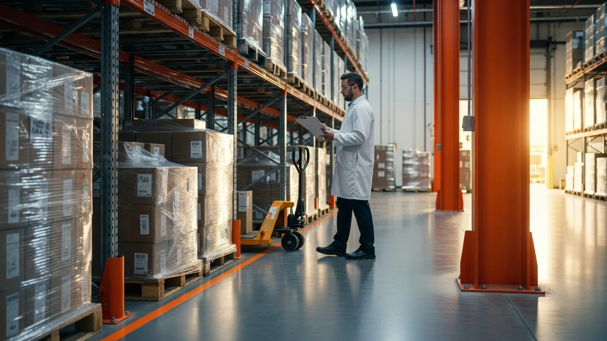 Warehouse supervisor checking serialized pharmaceutical inventory that feeds a NetSuite integration