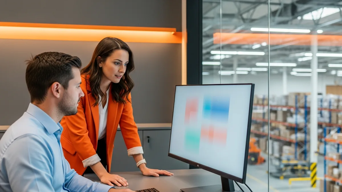 Operations lead and IT manager reviewing a NetSuite integration error queue in an office overlooking the warehouse