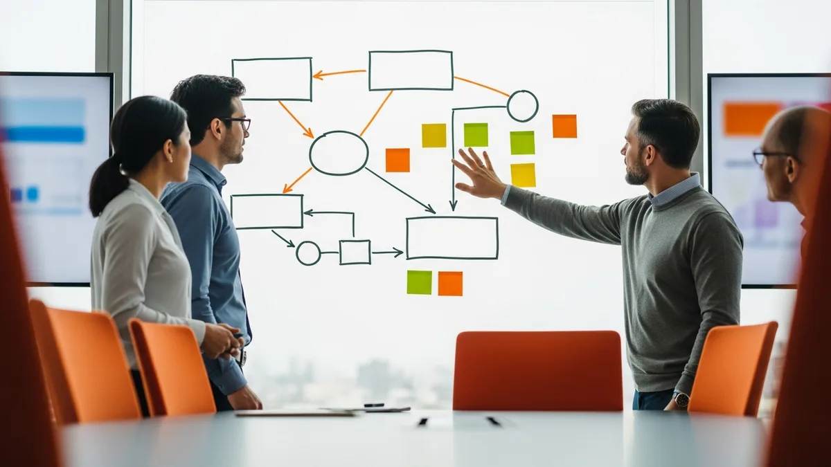 Team mapping NetSuite integration connections and system of record ownership on a conference room whiteboard
