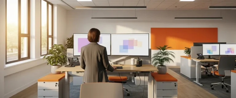 Operations manager at a standing desk in a modern distribution office running a unified NetSuite tech stack