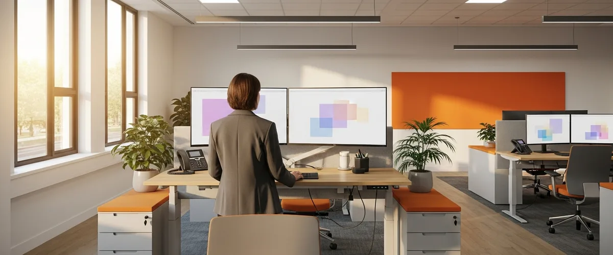 Operations manager at a standing desk in a modern distribution office running a unified NetSuite tech stack