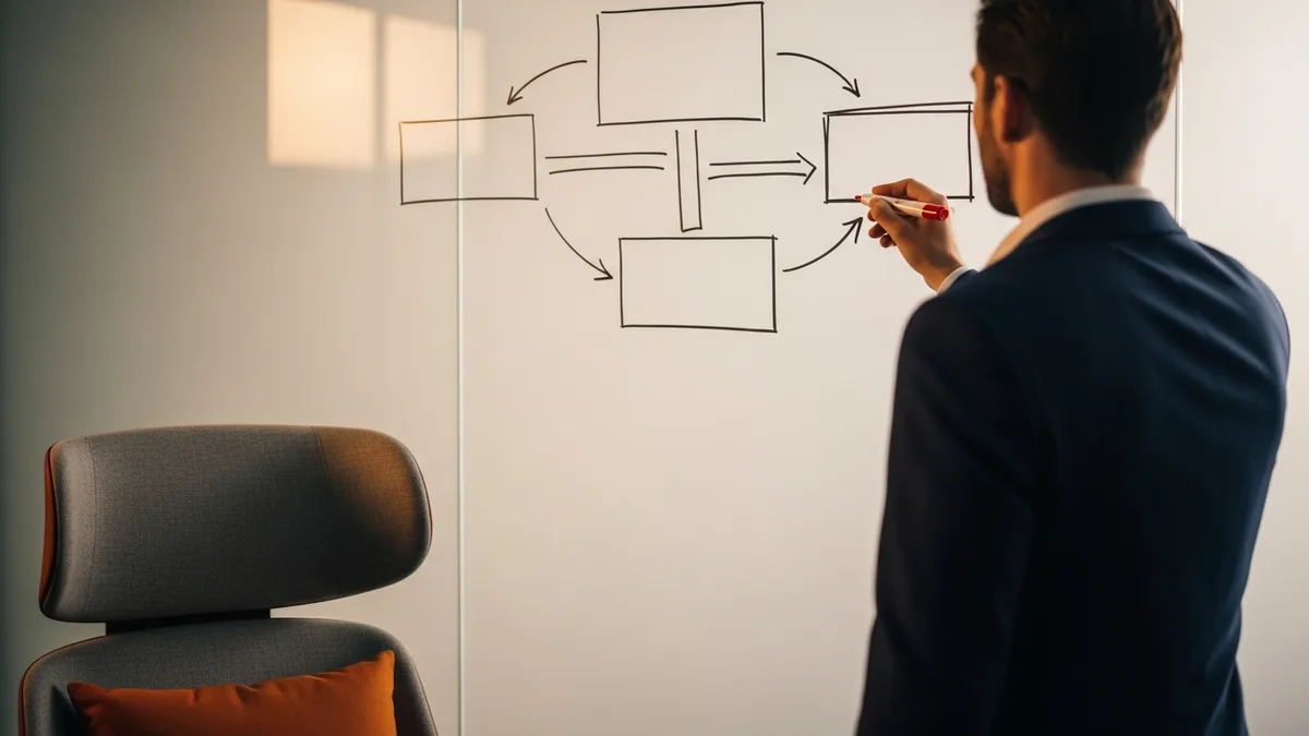 Consultant sketching boxes and arrows on a glass whiteboard while mapping NetSuite MCP connector architecture