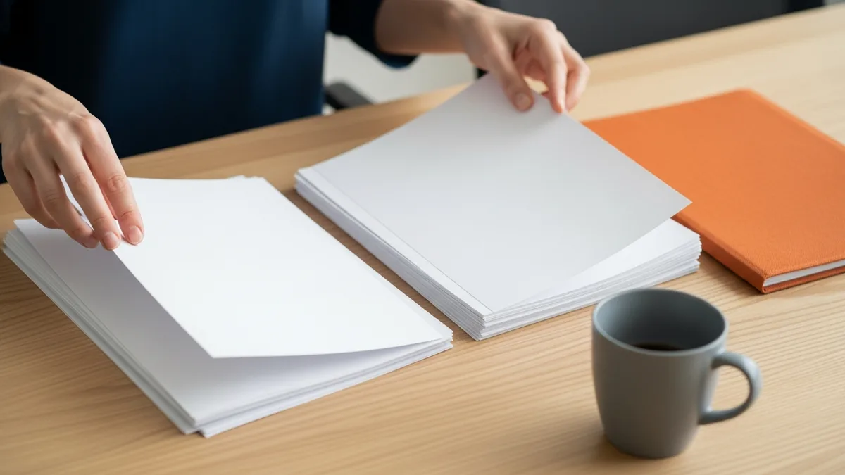 Hands sorting printed NetSuite saved search exports into two piles on a conference table