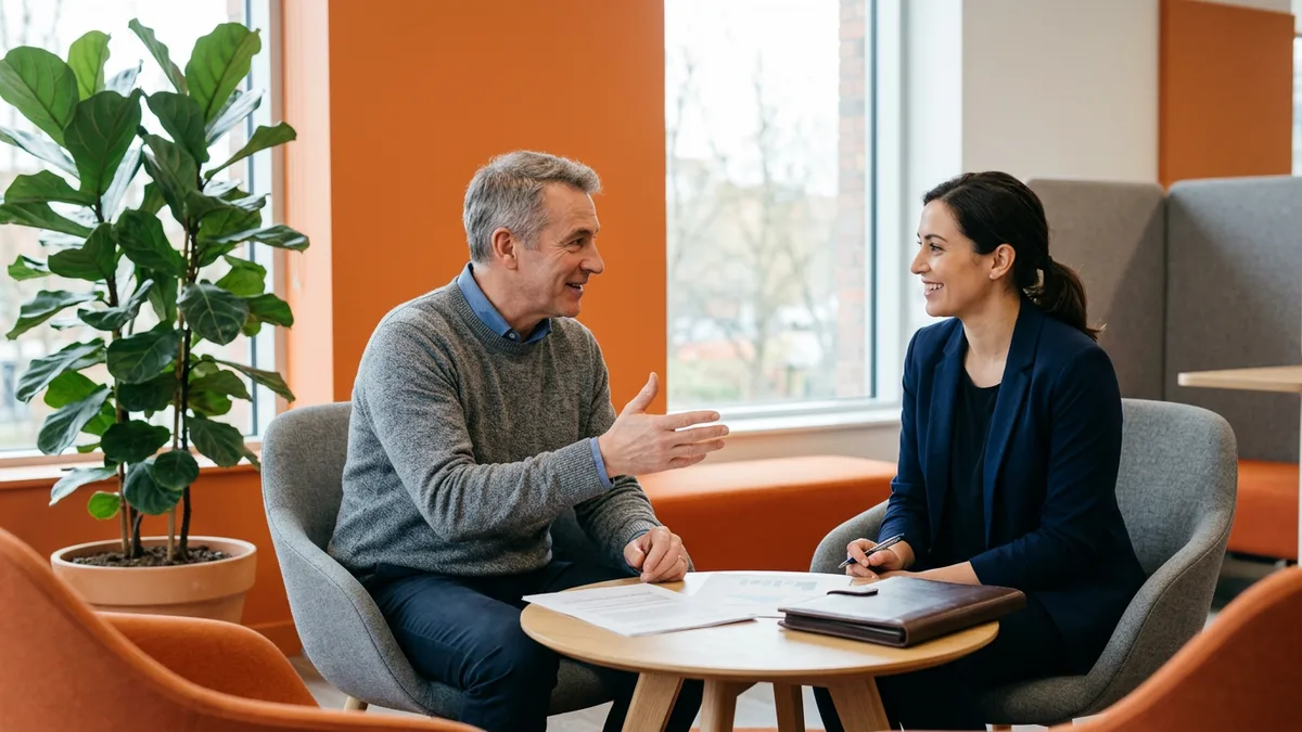 A controller and a NetSuite solution architect talking across a table with printed documents between them