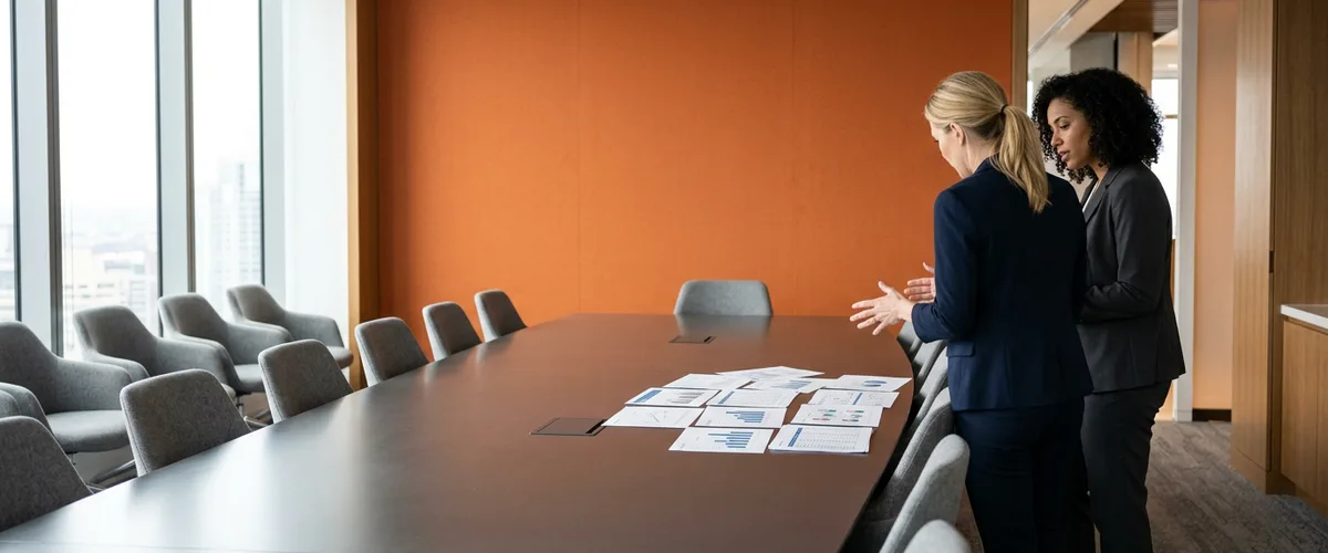 Two finance leaders reviewing printed consolidated financial statements in a boardroom with an orange accent wall