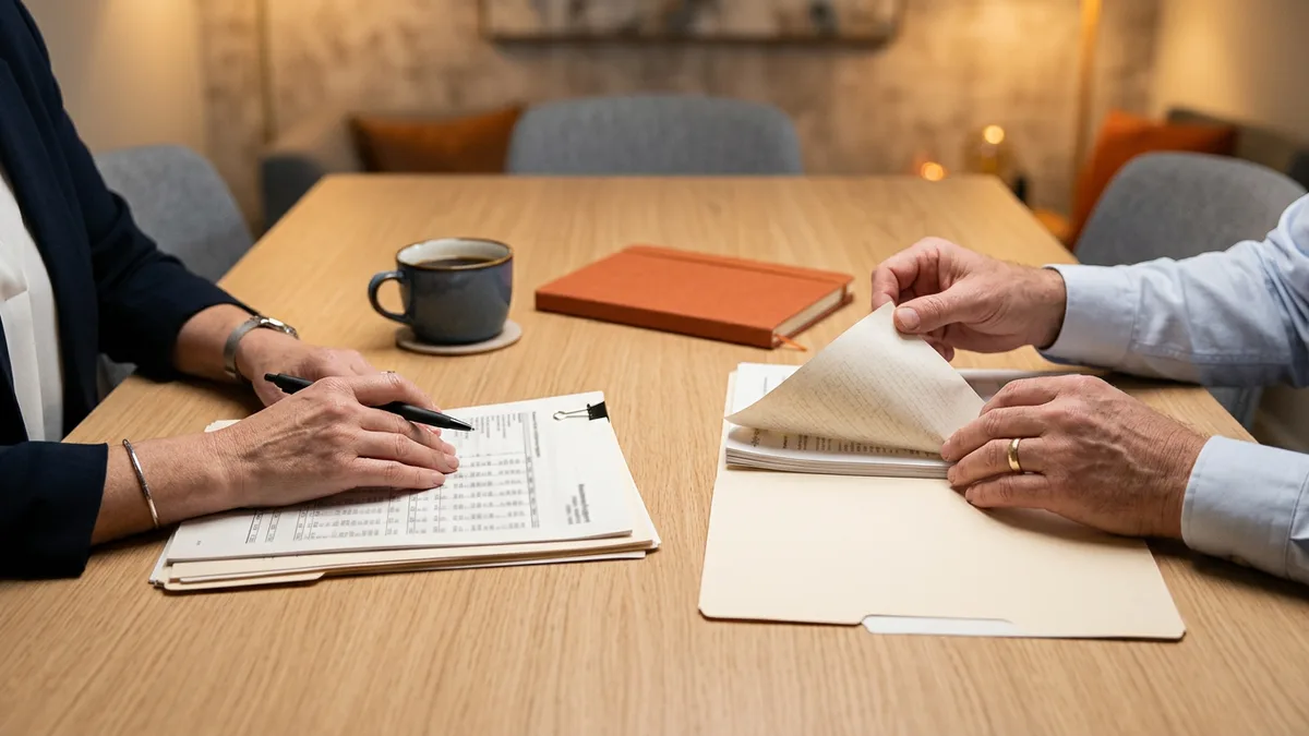 Hands reviewing printed accounting reports and manila folders during a multi-entity period close reconciliation