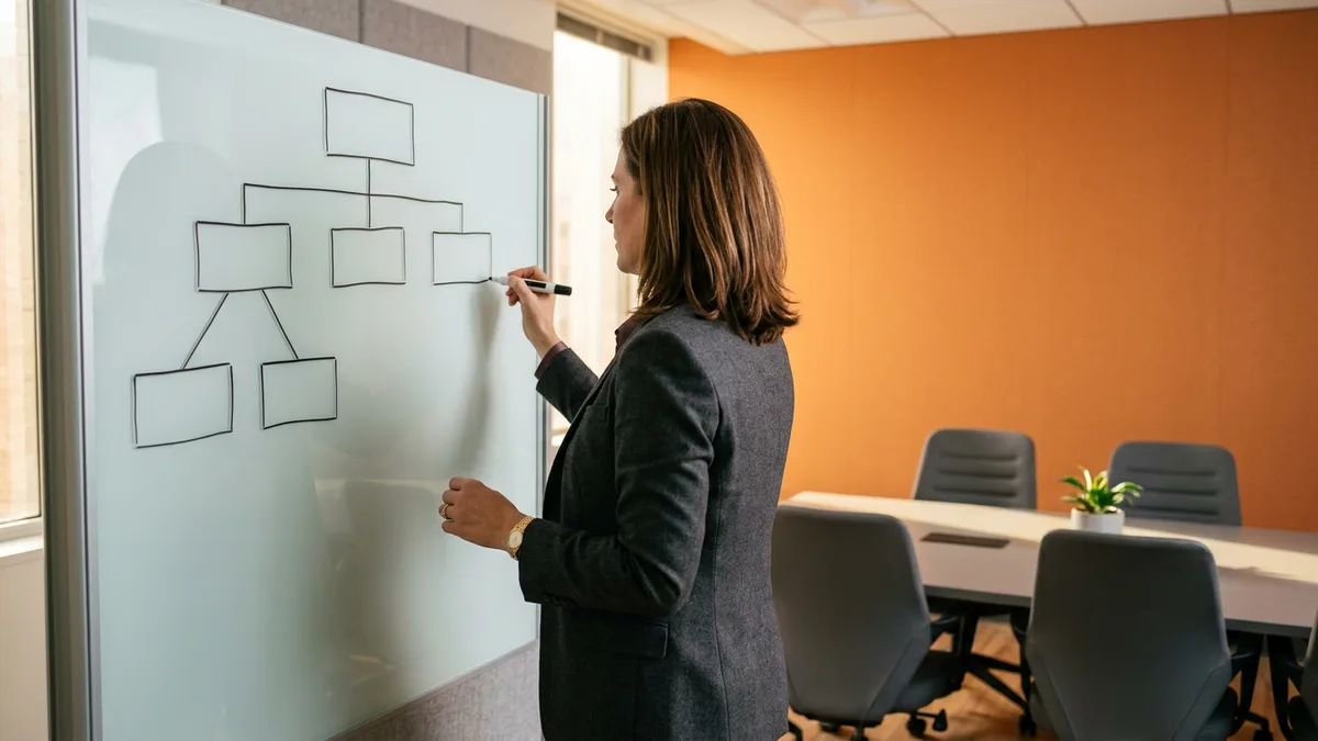 Consultant drawing a blank subsidiary hierarchy tree diagram on a glass whiteboard in a NetSuite OneWorld design session