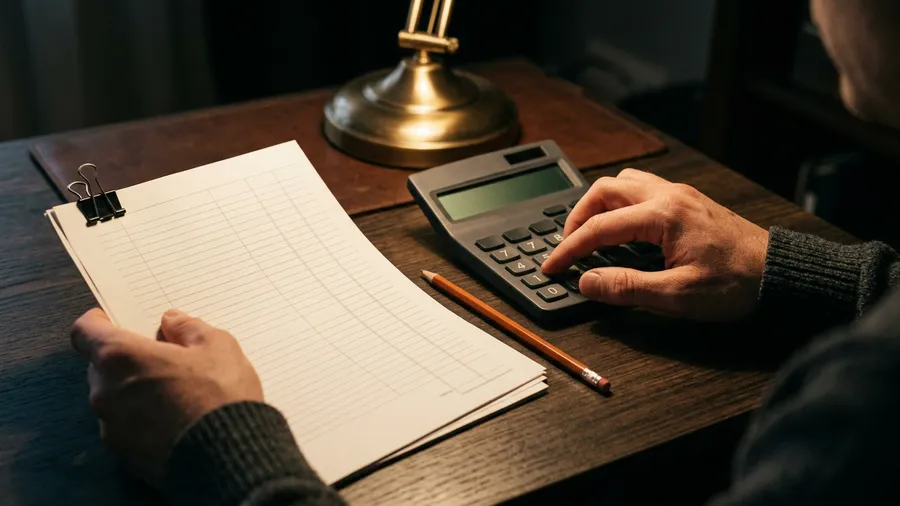 Hands checking printed consolidation worksheets with a calculator under warm desk light