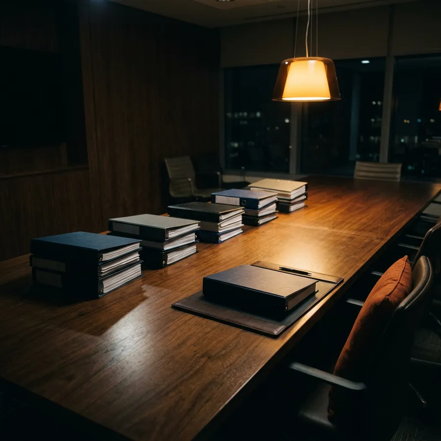 Stacks of subsidiary financial binders being consolidated into a single master binder on a conference table