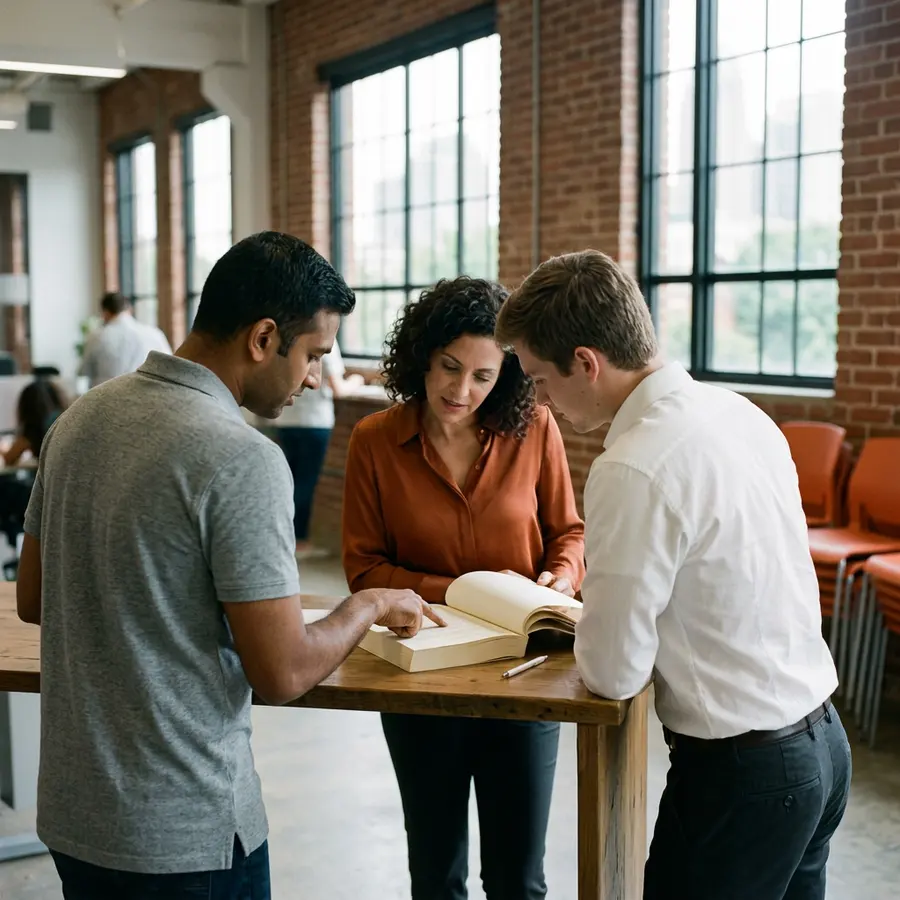 Three colleagues marking up a thick printed agreement on a standing table in a Midtown Atlanta technology office