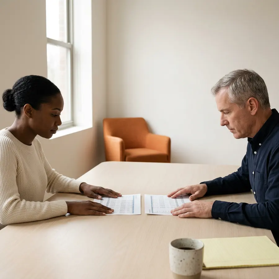 Two revenue accountants comparing two printed billing schedules across a table in a quiet Atlanta meeting room