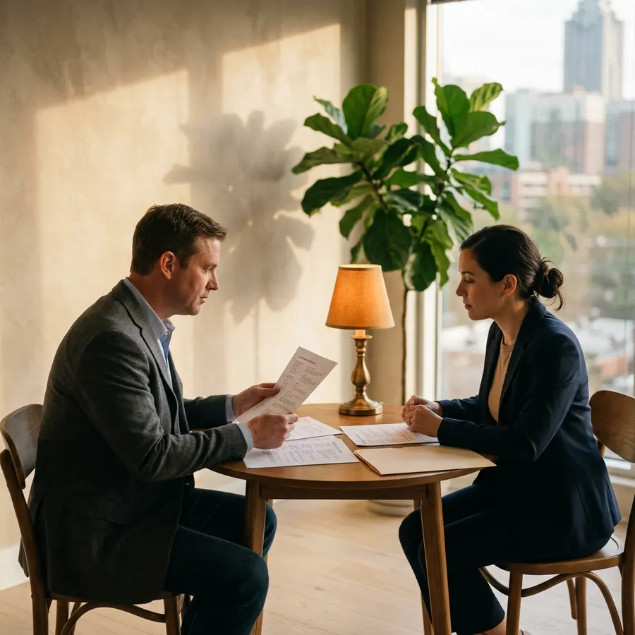 Two KORE1 recruiters reviewing printed candidate notes across a table in an Atlanta office with afternoon light