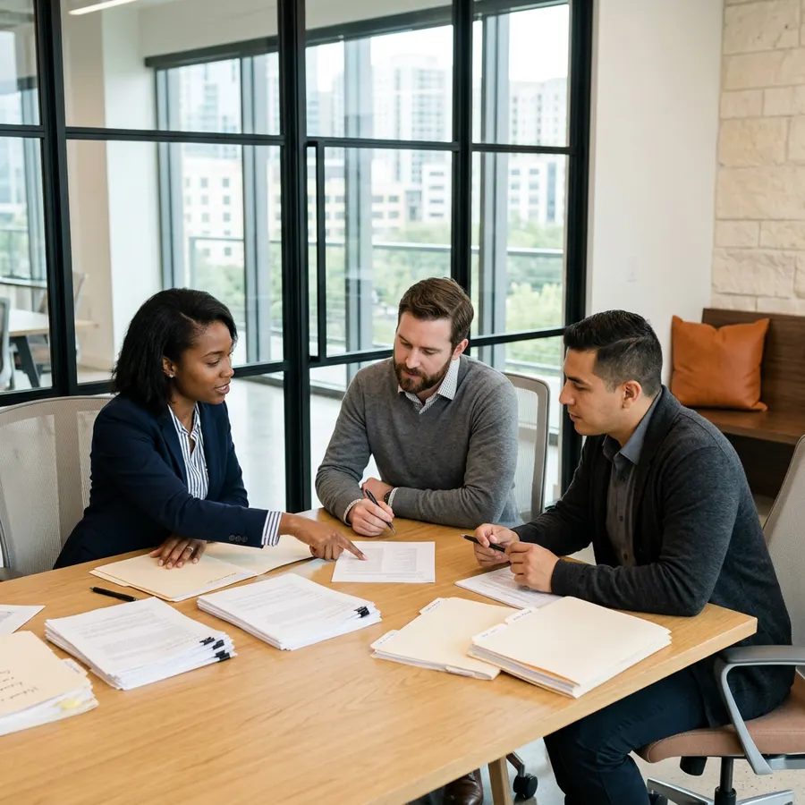 Three finance professionals working through printed reports and labeled folders around a conference table in a glass walled Austin meeting room