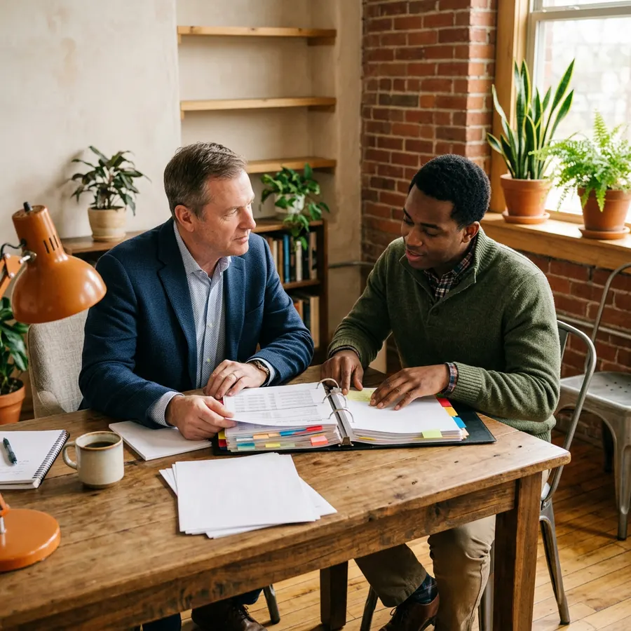 Senior NetSuite consultant and a younger accountant working through a tabbed printed audit binder together at a desk in an East Austin office