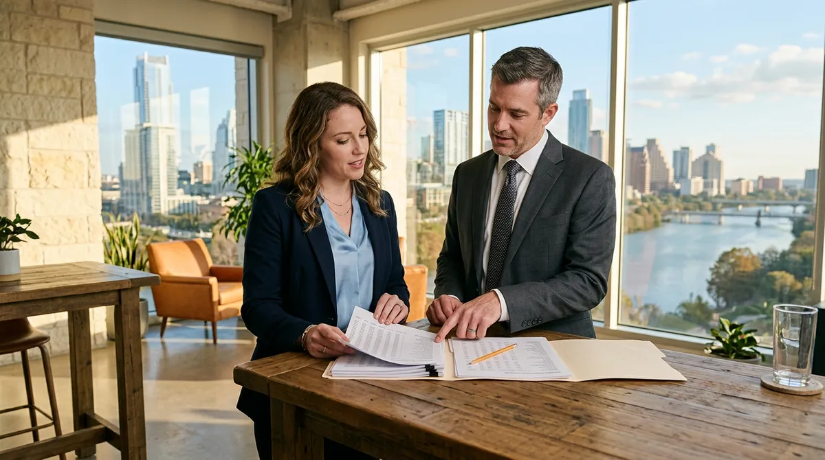 NetSuite functional consultant and a company controller reviewing a printed financial reconciliation packet in an Austin office with the downtown skyline behind them