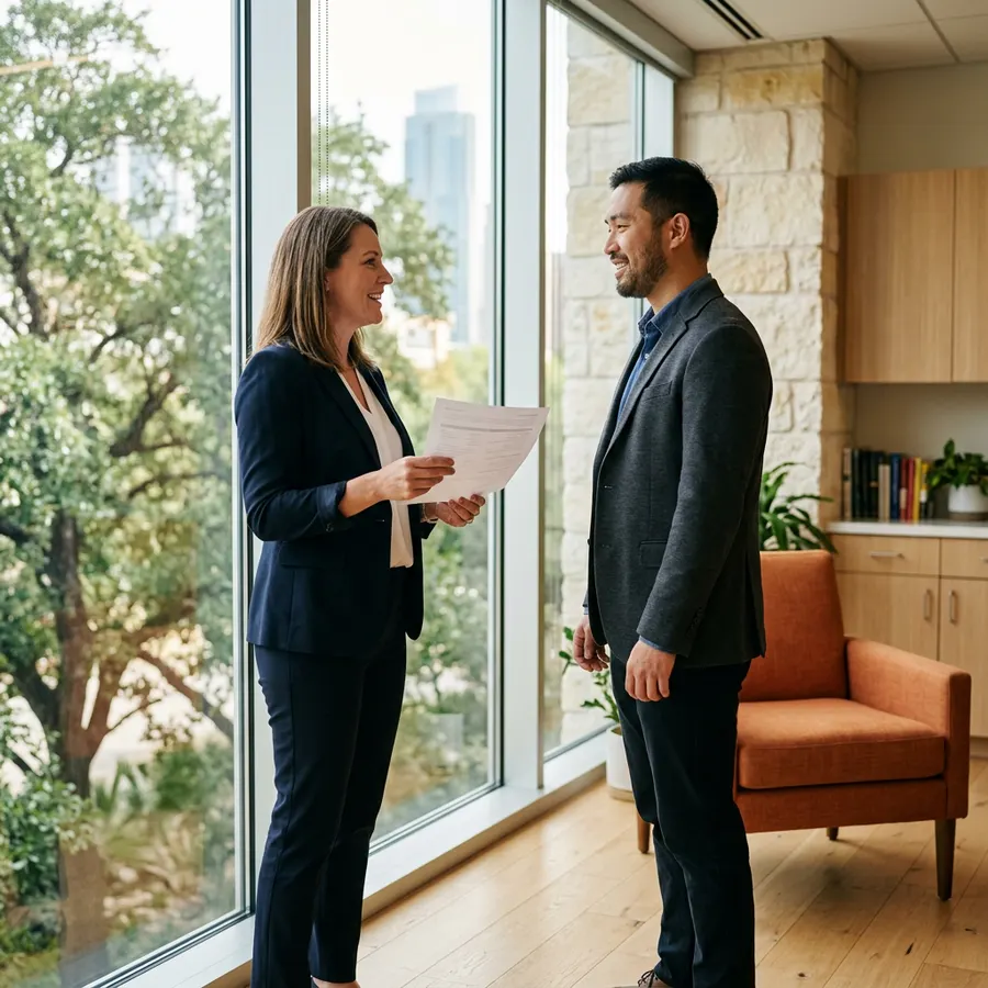 KORE1 technical recruiter reviewing a printed candidate summary with a hiring manager beside a window in an Austin office