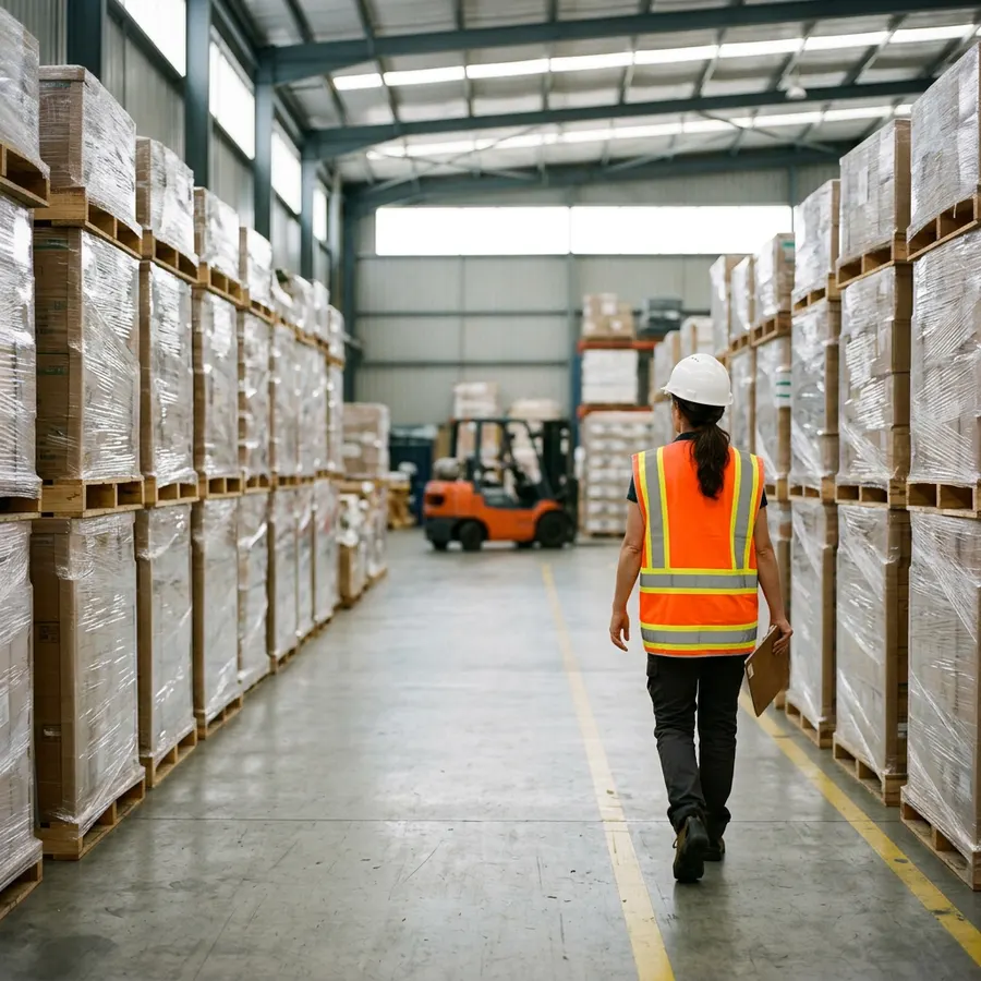 Warehouse supervisor in a high visibility vest walking a cross dock aisle of stretch wrapped pallets at a Chicago area logistics facility