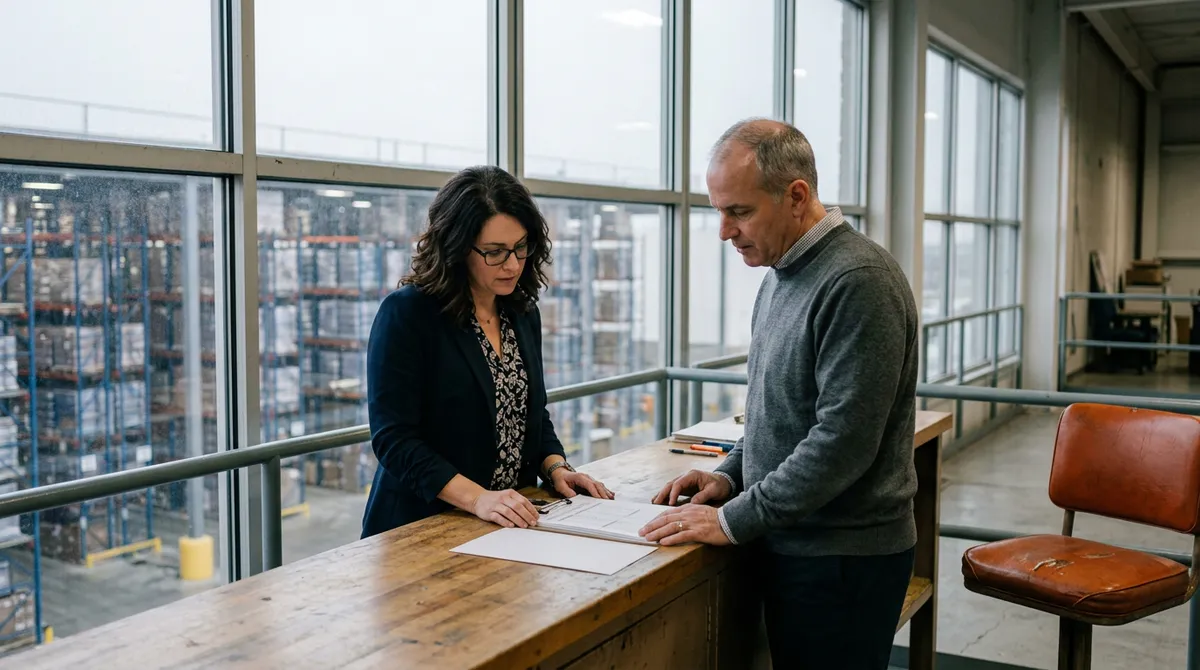 Distribution operations manager and finance lead reviewing a printed inbound schedule on the office mezzanine of a Chicago area distribution center