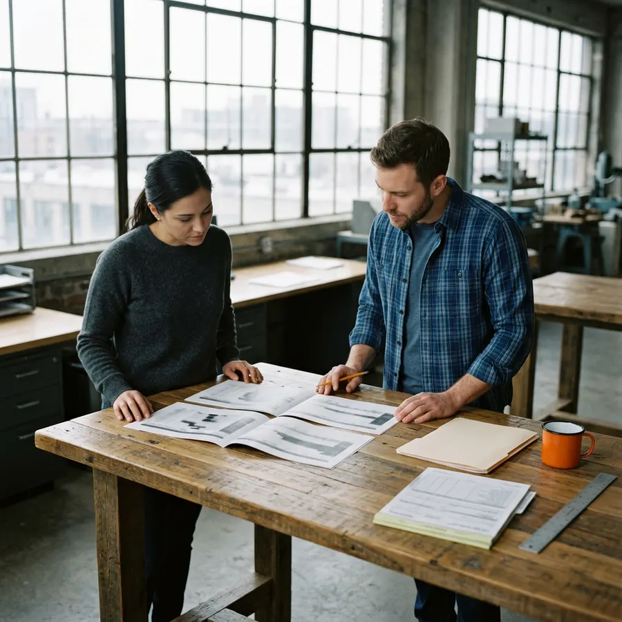 Two supply chain colleagues comparing printed inbound schedules on a standing table in a bright Chicago industrial office