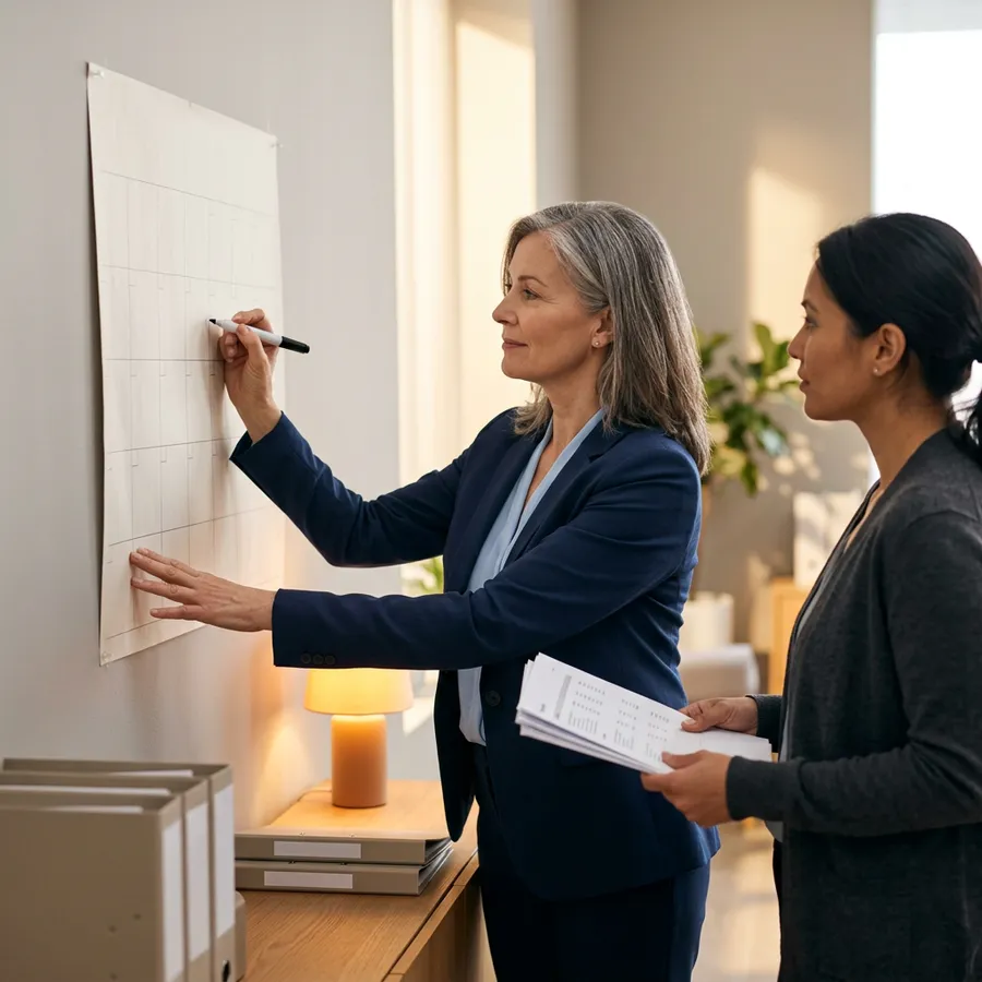 Accounting manager marking business days on a paper wall calendar while a colleague holds a printed close report in a Dallas corporate office