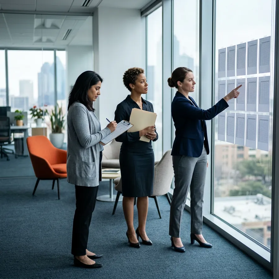 Three finance professionals reviewing a printed NetSuite period close checklist pinned to a glass wall in a Dallas shared services office