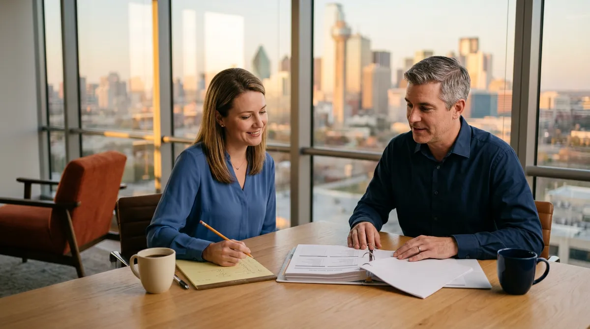 NetSuite functional consultant and corporate controller working through a month-end close on a printed checklist in a Dallas finance office with the downtown skyline behind them