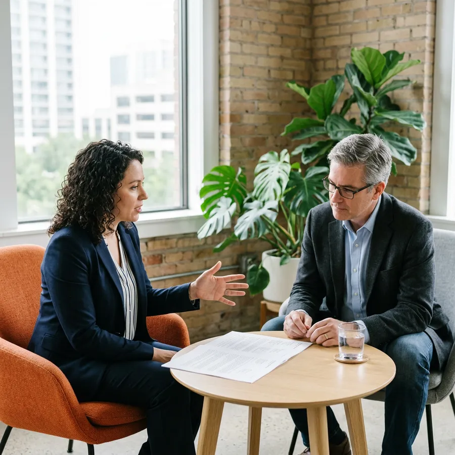 KORE1 technical recruiter reviewing a printed NetSuite candidate summary with a hiring manager in a Dallas office