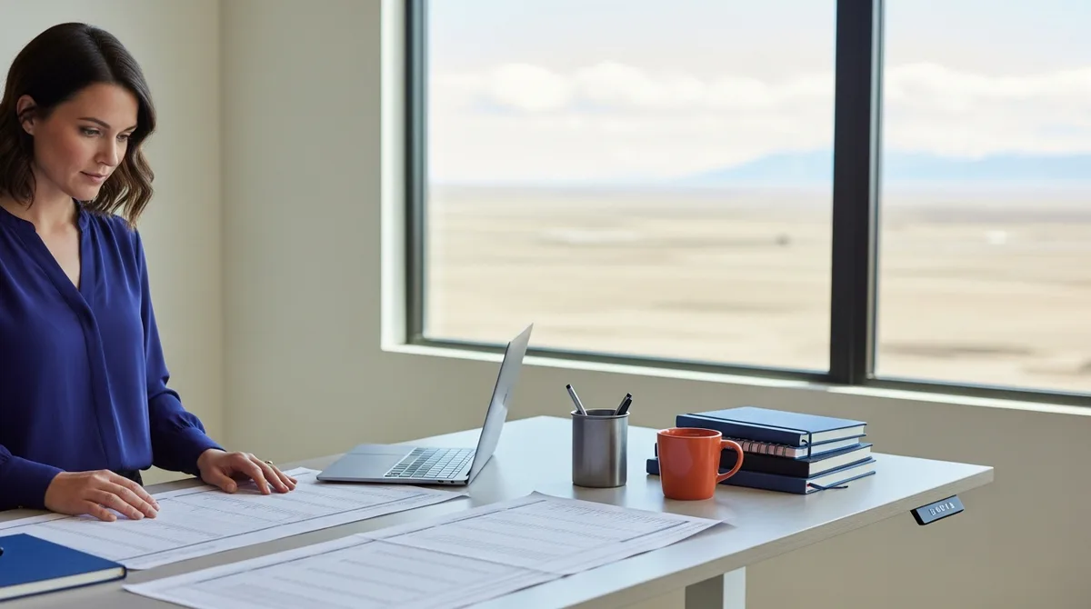 A NetSuite functional consultant reviewing a printed inventory item list at a standing desk in a Denver office