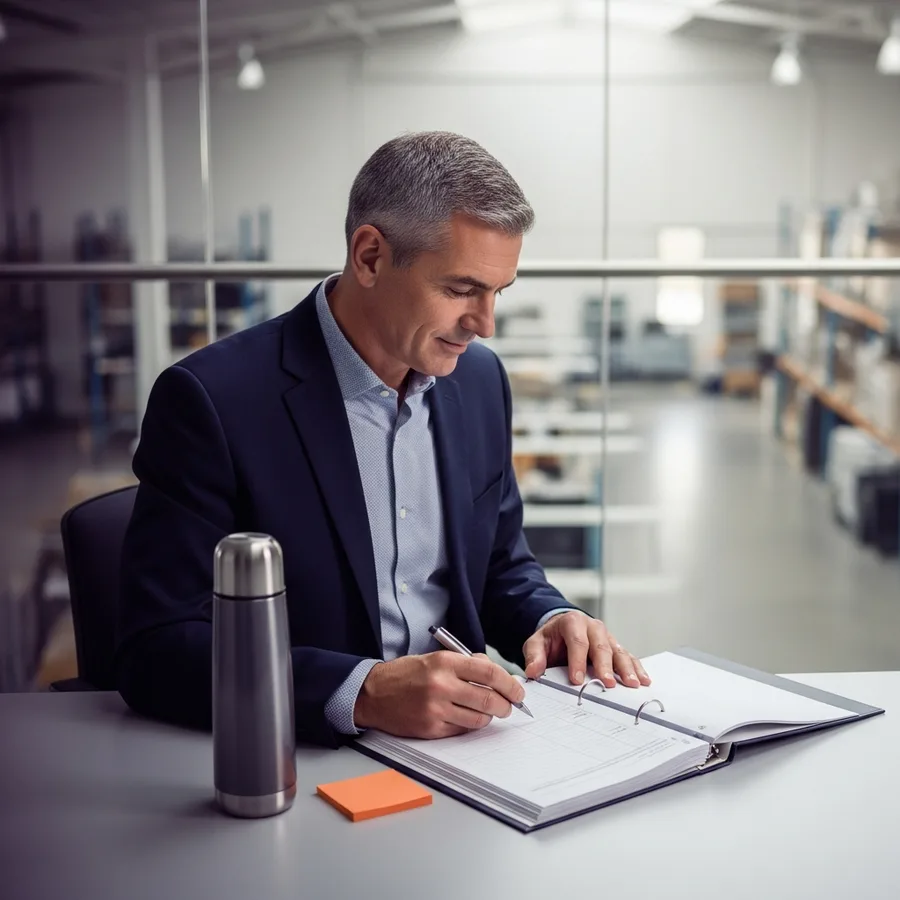 A NetSuite implementation consultant annotating a printed migration workbook in a mezzanine office above a Denver warehouse floor