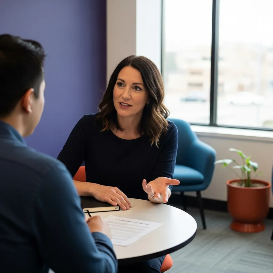 A KORE1 technical recruiter reviewing a printed candidate summary with a hiring manager in a Denver office