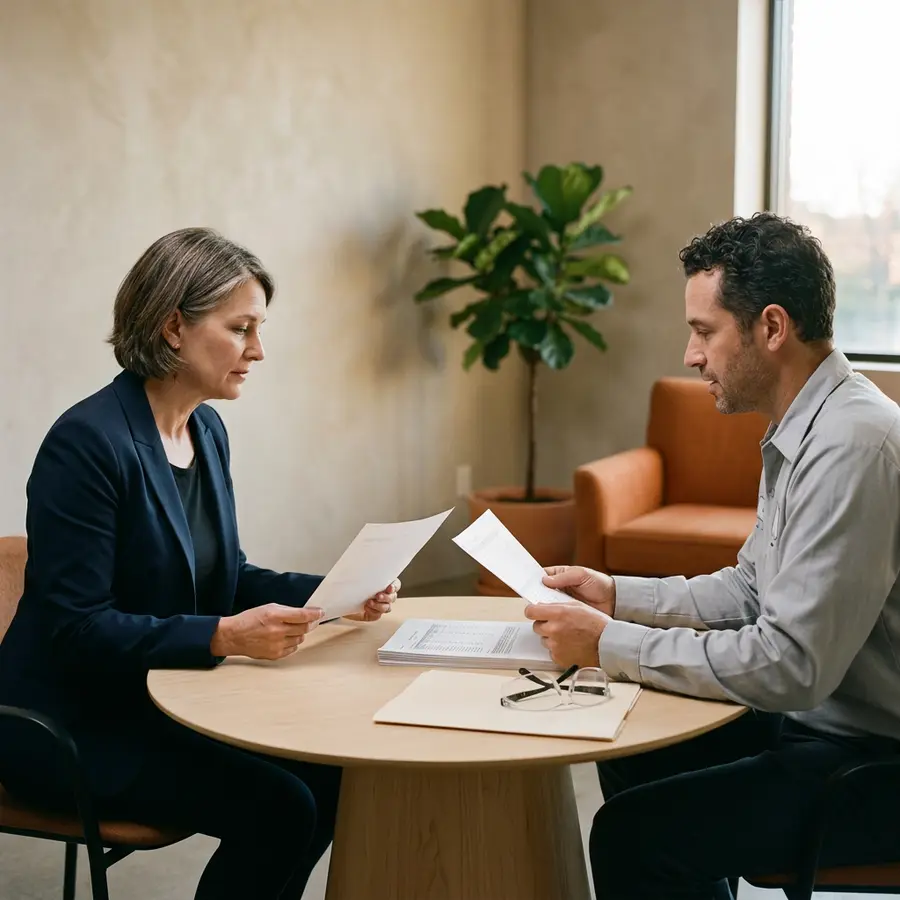 Two colleagues comparing pages of a printed change order packet across a small meeting table in a Houston industrial services office