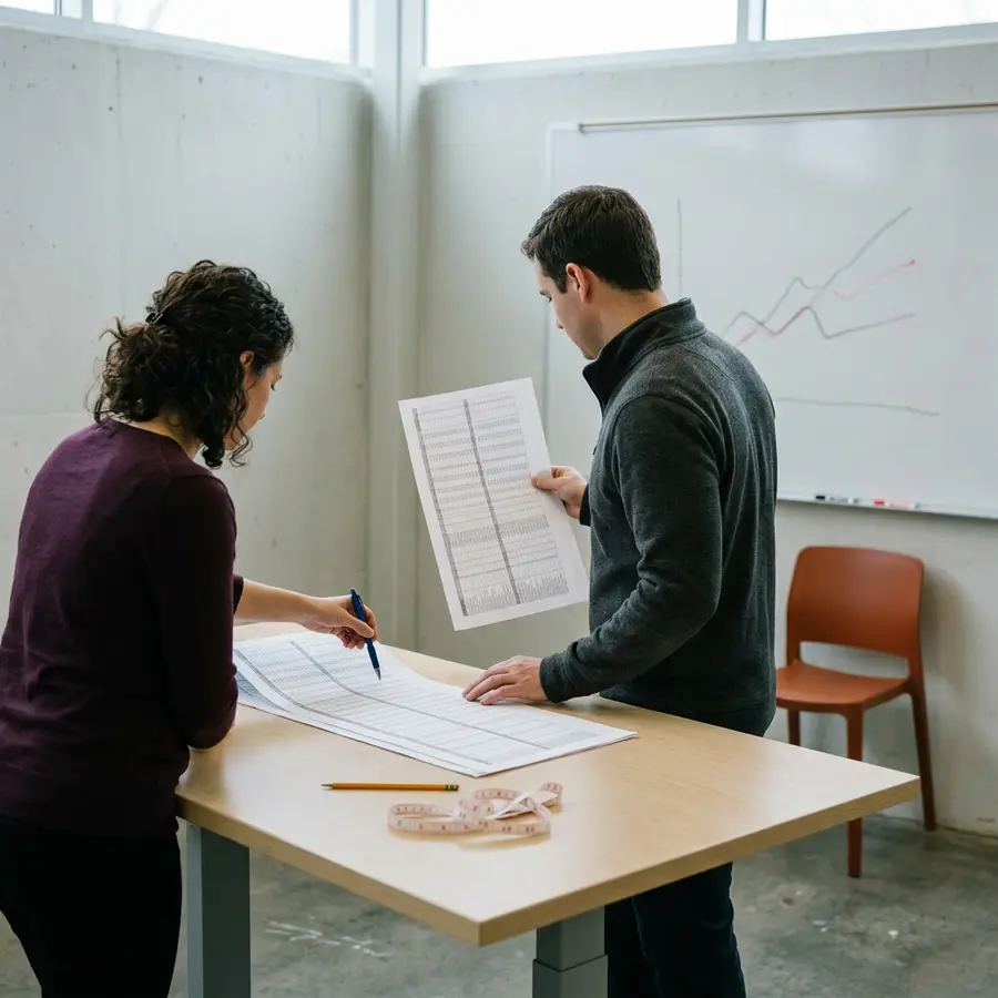 Two project controls colleagues comparing two printed cost schedules side by side at a standing table in a Houston project office