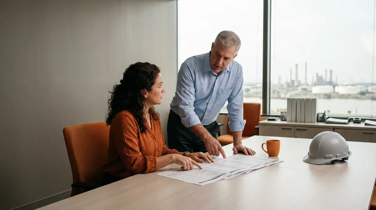 Project accountant and operations manager reviewing a printed job cost report in a Houston office with the ship channel industrial skyline visible through the window
