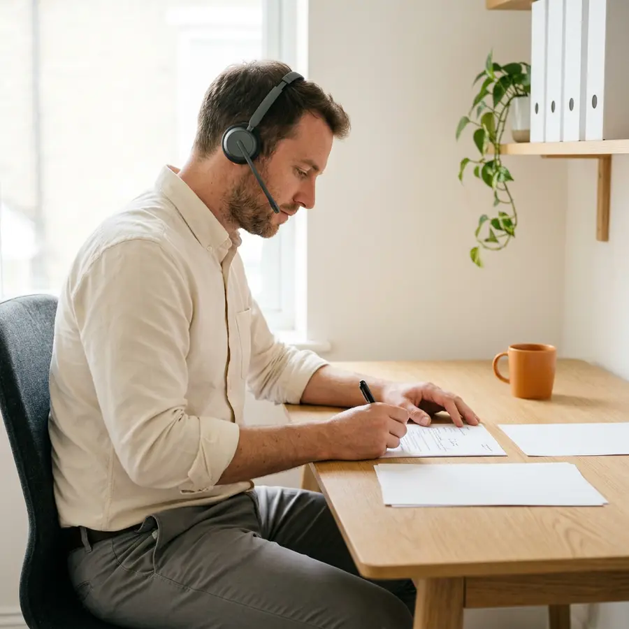 KORE1 technical recruiter marking up a printed candidate summary at a desk in a quiet office