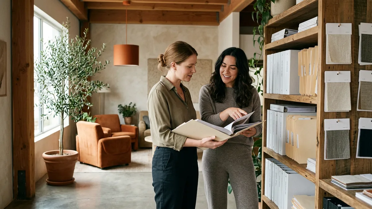 NetSuite staffing consultants reviewing printed account documentation at a Los Angeles consumer brand office