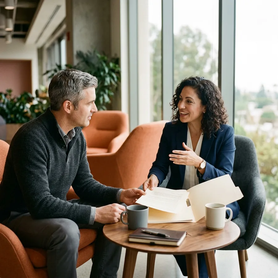 A KORE1 recruiter handing a printed NetSuite candidate summary in a manila folder to a hiring manager in Los Angeles