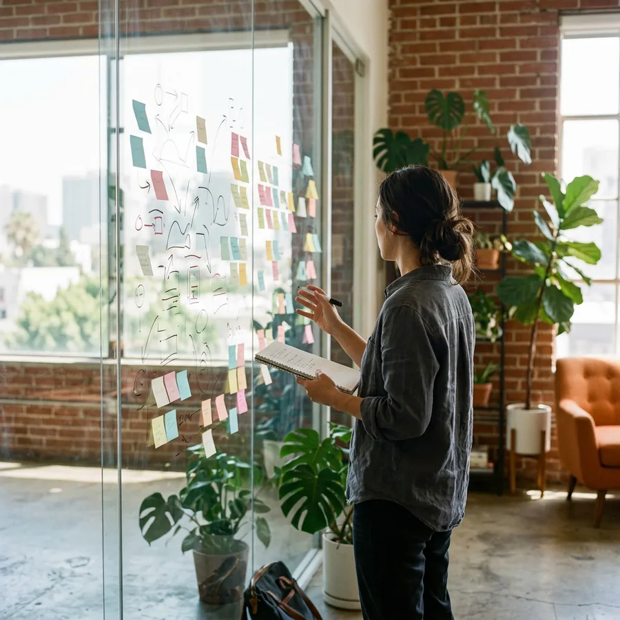 A NetSuite administrator mapping release testing windows on a sticky note planning wall in a downtown Los Angeles office