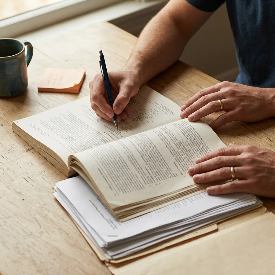 A hand annotating a printed technical specification beside a stack of paper reports during a NetSuite candidate screen