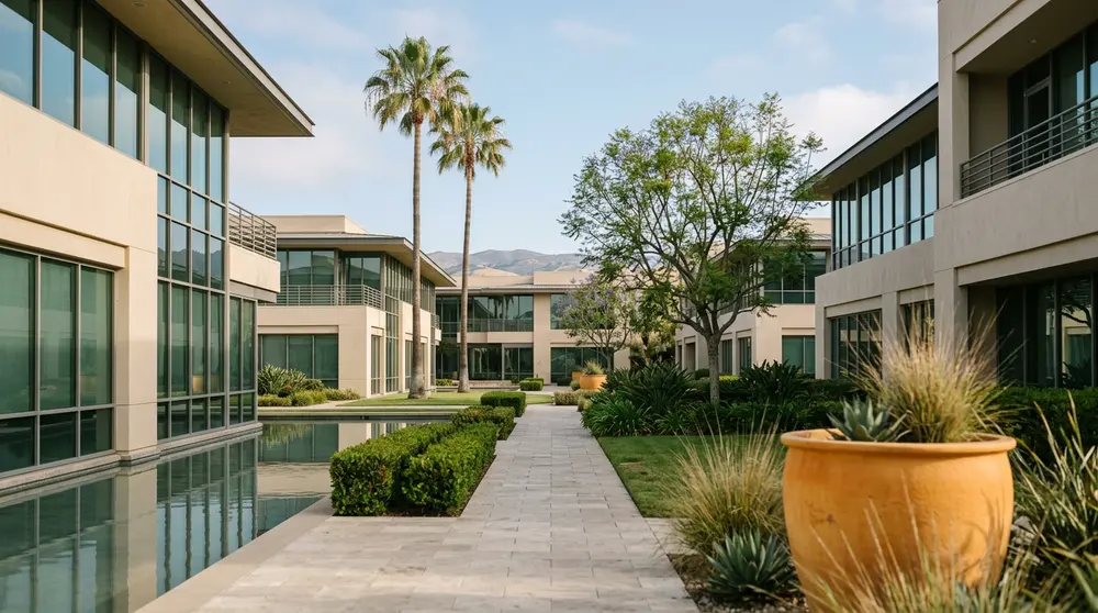 Low rise Orange County business park courtyard with palms, pale stucco offices and morning marine layer light