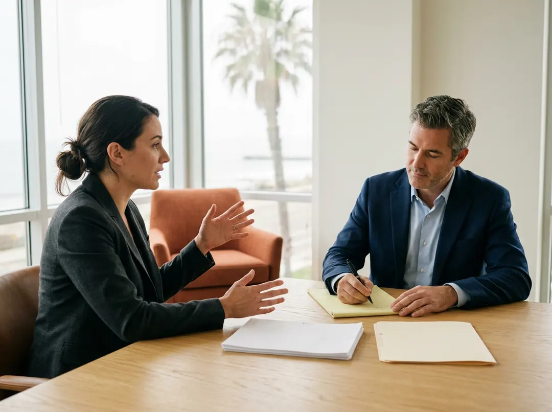 Two business professionals reviewing printed reports across a meeting table in a bright Irvine Orange County office with morning light through a floor to ceiling window