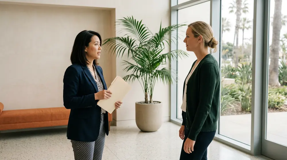 Two KORE1 colleagues in conversation in a bright Orange County business park lobby with palms and coastal light