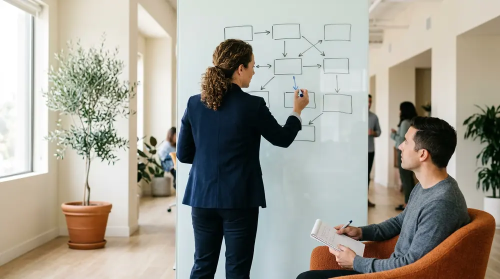 NetSuite consultant sketching a system diagram on a glass whiteboard while a colleague takes notes in a bright Orange County office