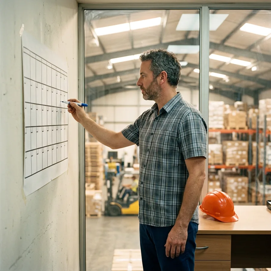 Operations lead marking a cutover schedule on a wall calendar in a mezzanine office above a Phoenix warehouse floor