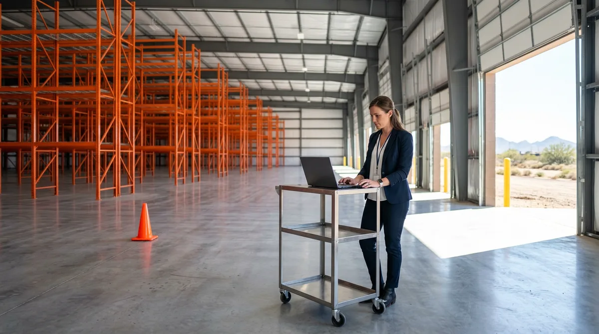NetSuite functional consultant working at a laptop cart inside a newly finished Phoenix West Valley distribution warehouse with empty racking
