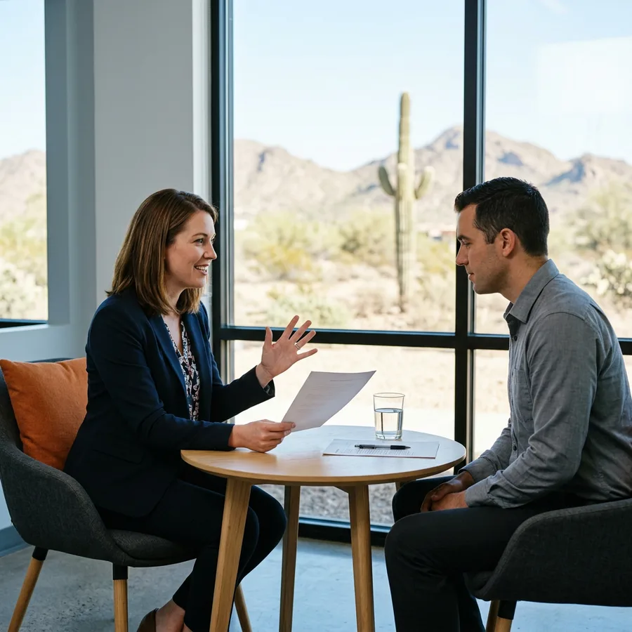 KORE1 technical recruiter reviewing a printed NetSuite candidate summary with a hiring manager in a Phoenix office