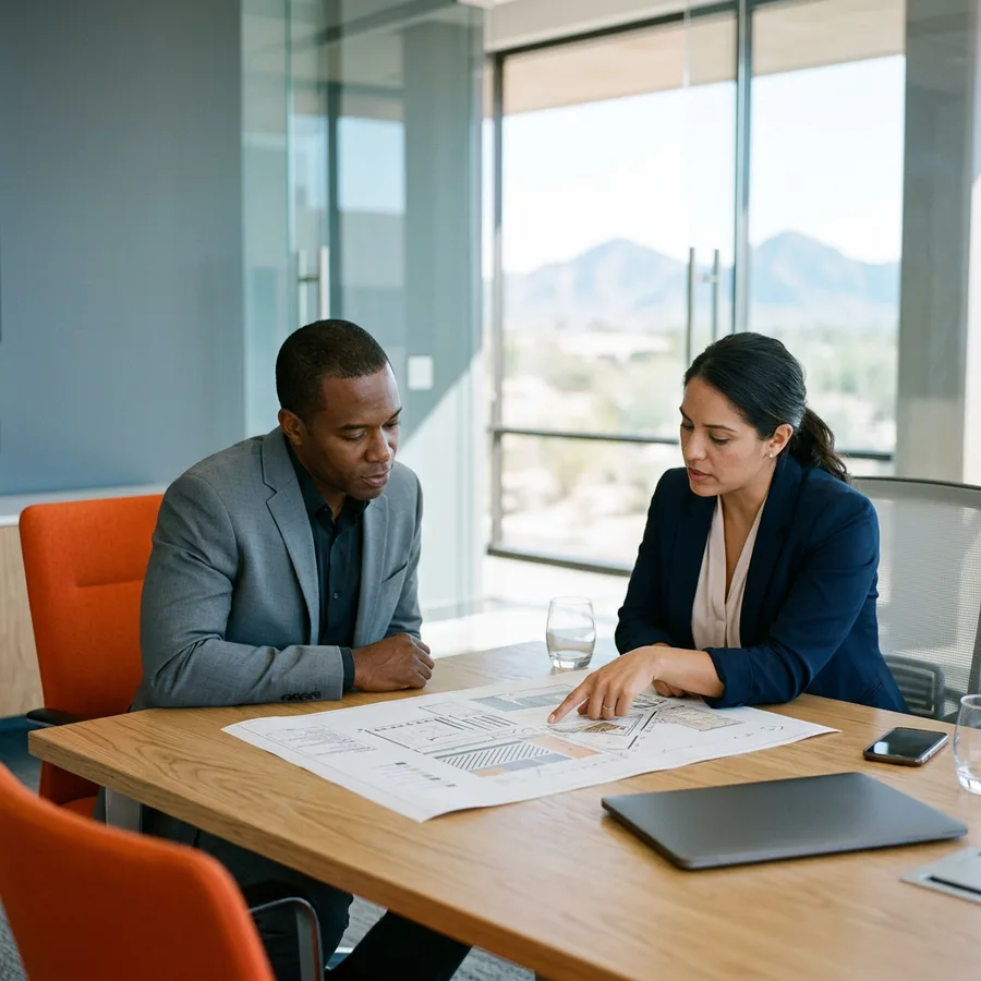 Two colleagues reviewing a printed NetSuite location and subsidiary structure diagram in a Phoenix office
