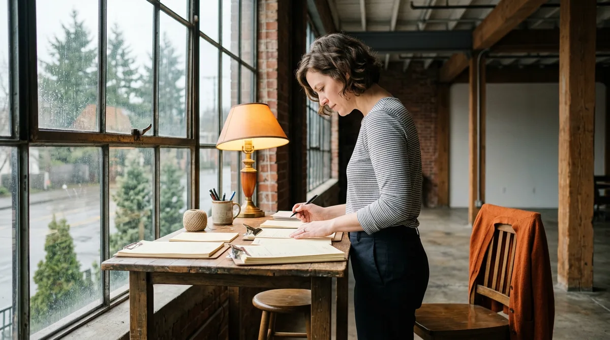 A NetSuite administrator reviewing printed wholesale order paperwork at a standing desk in a Portland office with rain on the window