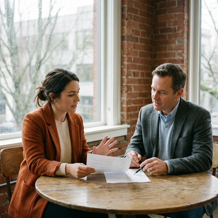 A KORE1 recruiter reviewing a printed NetSuite candidate summary with a hiring manager in a Portland office
