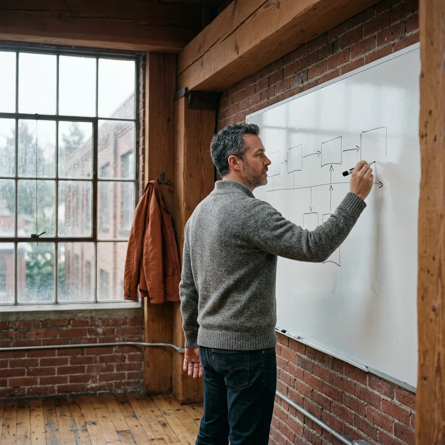 A NetSuite implementation consultant sketching a project schedule on a whiteboard in a Portland office